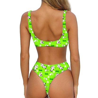 Cartoon Daisy And Cow Pattern Print Front Bow Tie Bikini