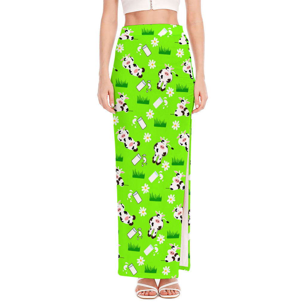 Cartoon Daisy And Cow Pattern Print High Slit Maxi Skirt