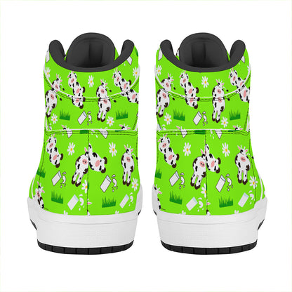 Cartoon Daisy And Cow Pattern Print High Top Leather Sneakers