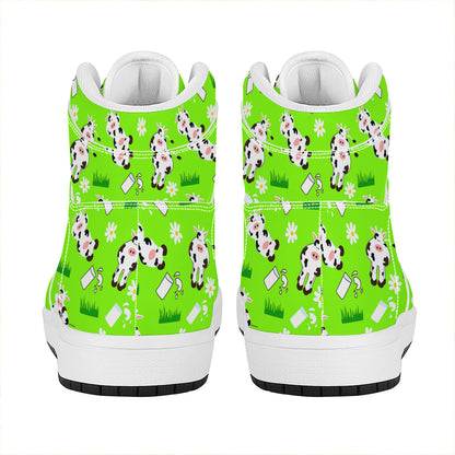 Cartoon Daisy And Cow Pattern Print High Top Leather Sneakers