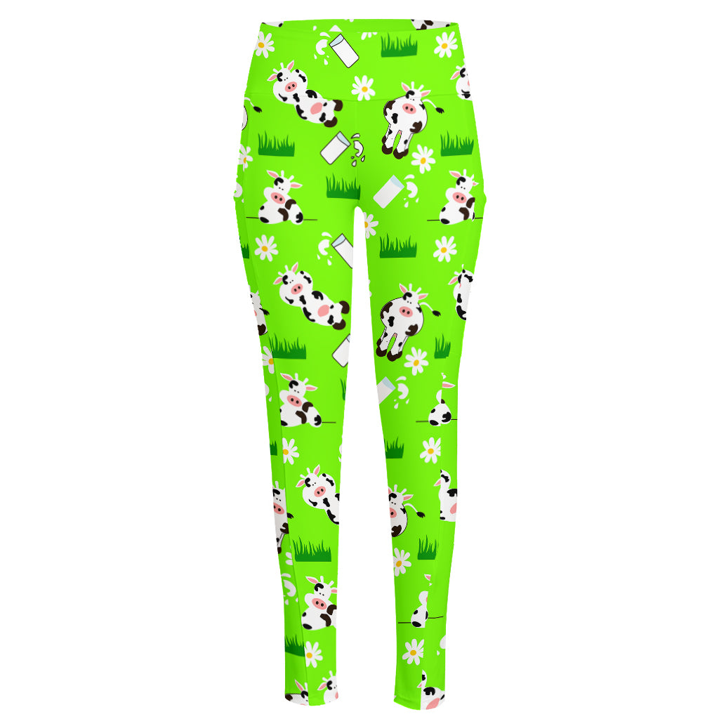 Cartoon Daisy And Cow Pattern Print High-Waisted Pocket Leggings