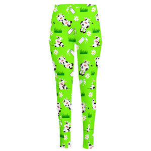 Cartoon Daisy And Cow Pattern Print High-Waisted Pocket Leggings