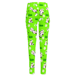 Cartoon Daisy And Cow Pattern Print High-Waisted Pocket Leggings