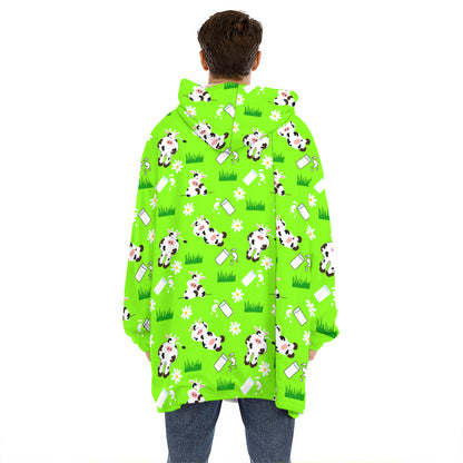 Cartoon Daisy And Cow Pattern Print Hoodie Blanket