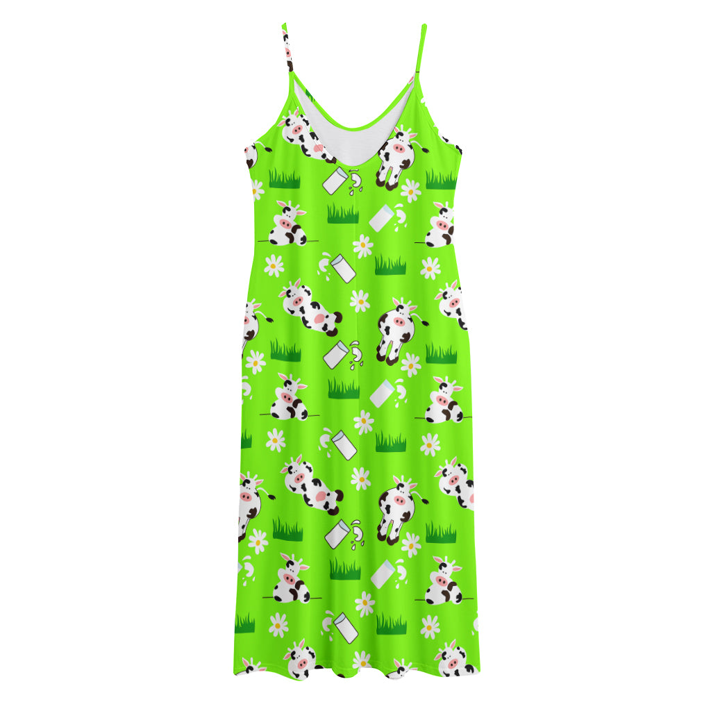 Cartoon Daisy And Cow Pattern Print Jersey Midi Cami Dress