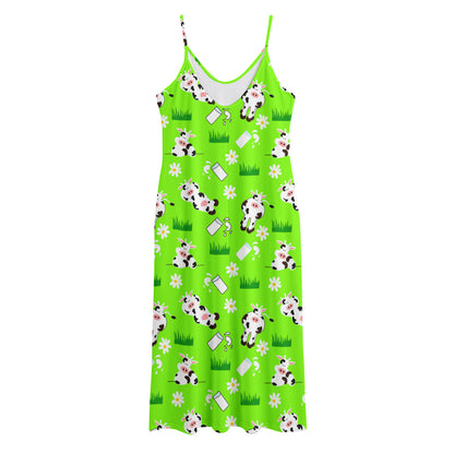 Cartoon Daisy And Cow Pattern Print Jersey Midi Cami Dress