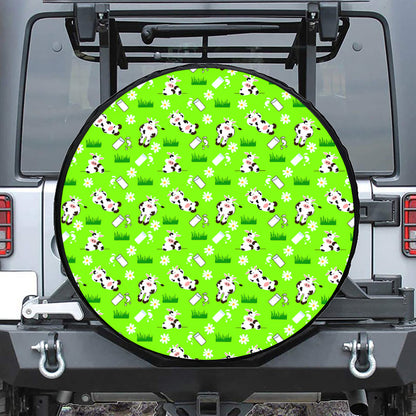 Cartoon Daisy And Cow Pattern Print Leather Spare Tire Cover