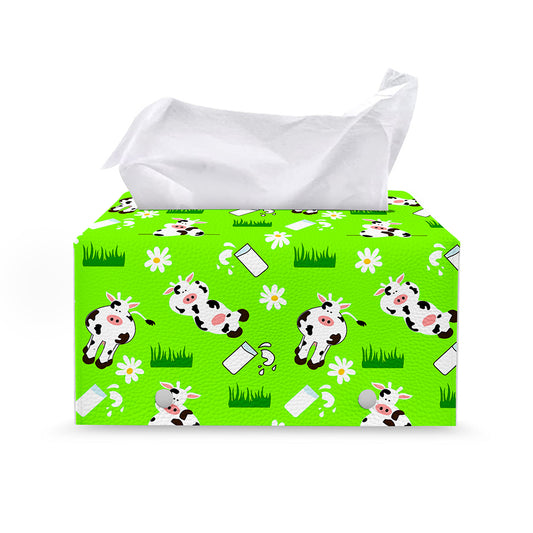 Cartoon Daisy And Cow Pattern Print Leather Tissue Box Cover