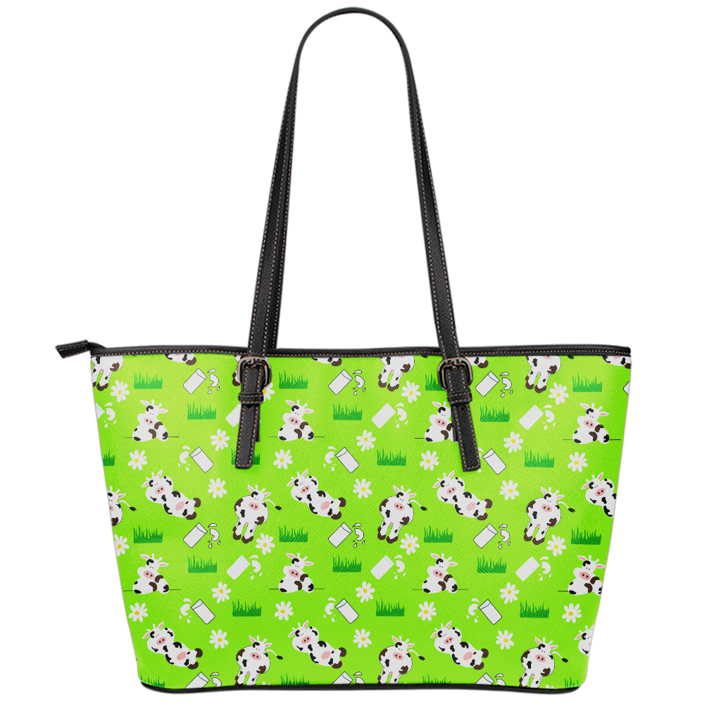 Cartoon Daisy And Cow Pattern Print Leather Tote Bag
