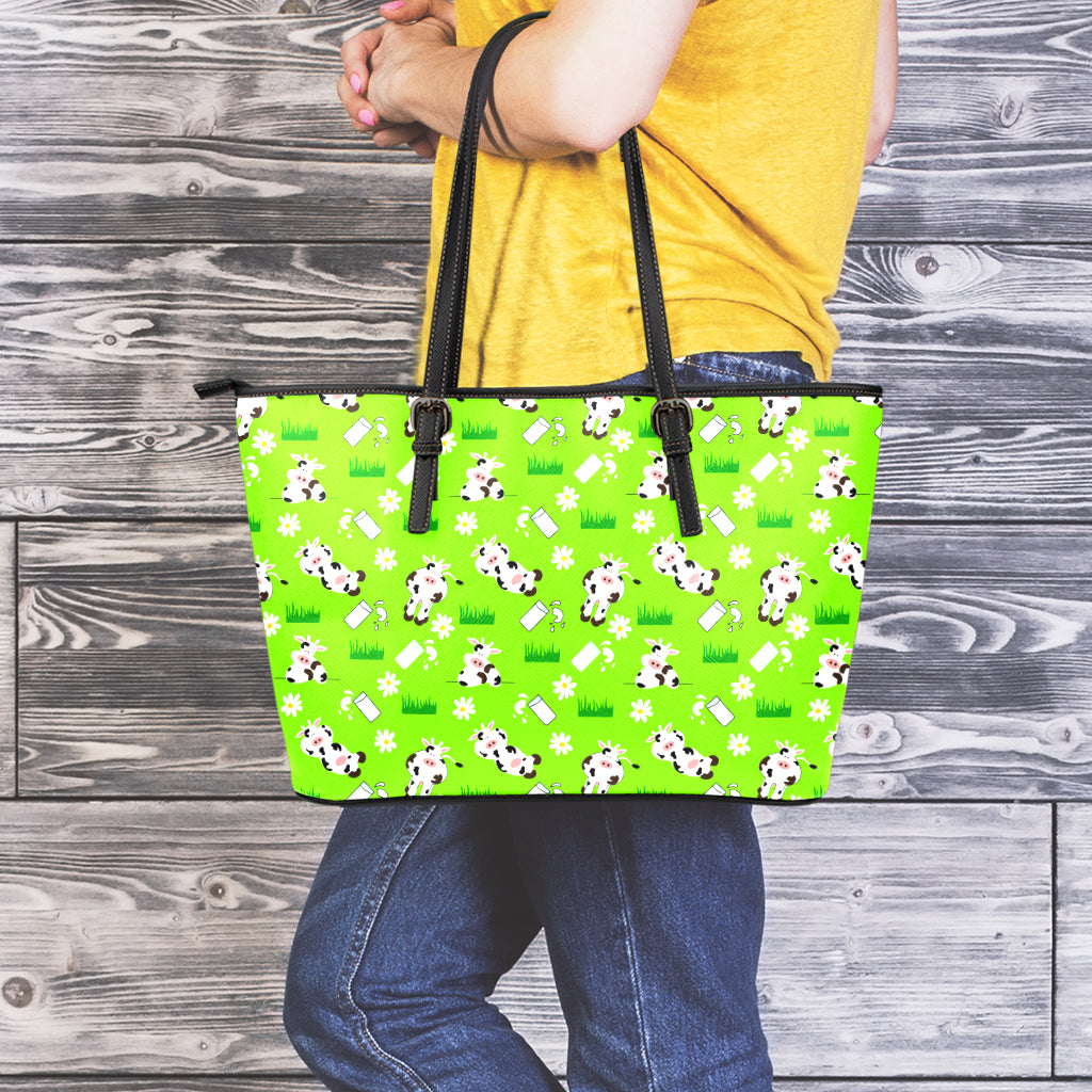 Cartoon Daisy And Cow Pattern Print Leather Tote Bag
