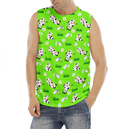 Cartoon Daisy And Cow Pattern Print Men's Fitness Tank Top