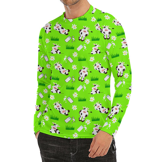 Cartoon Daisy And Cow Pattern Print Men's Long Sleeve Rash Guard