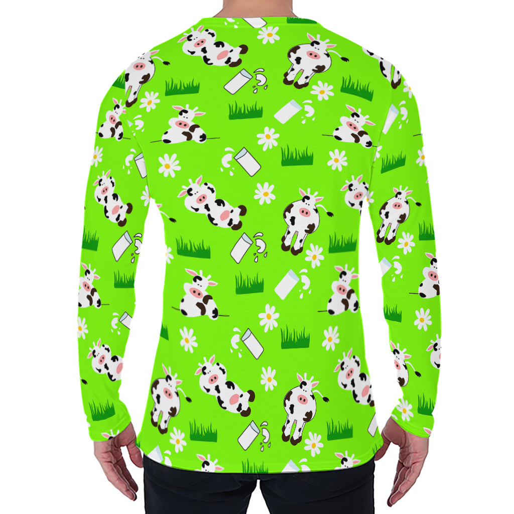 Cartoon Daisy And Cow Pattern Print Men's Long Sleeve T-Shirt