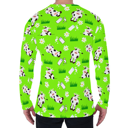 Cartoon Daisy And Cow Pattern Print Men's Long Sleeve T-Shirt