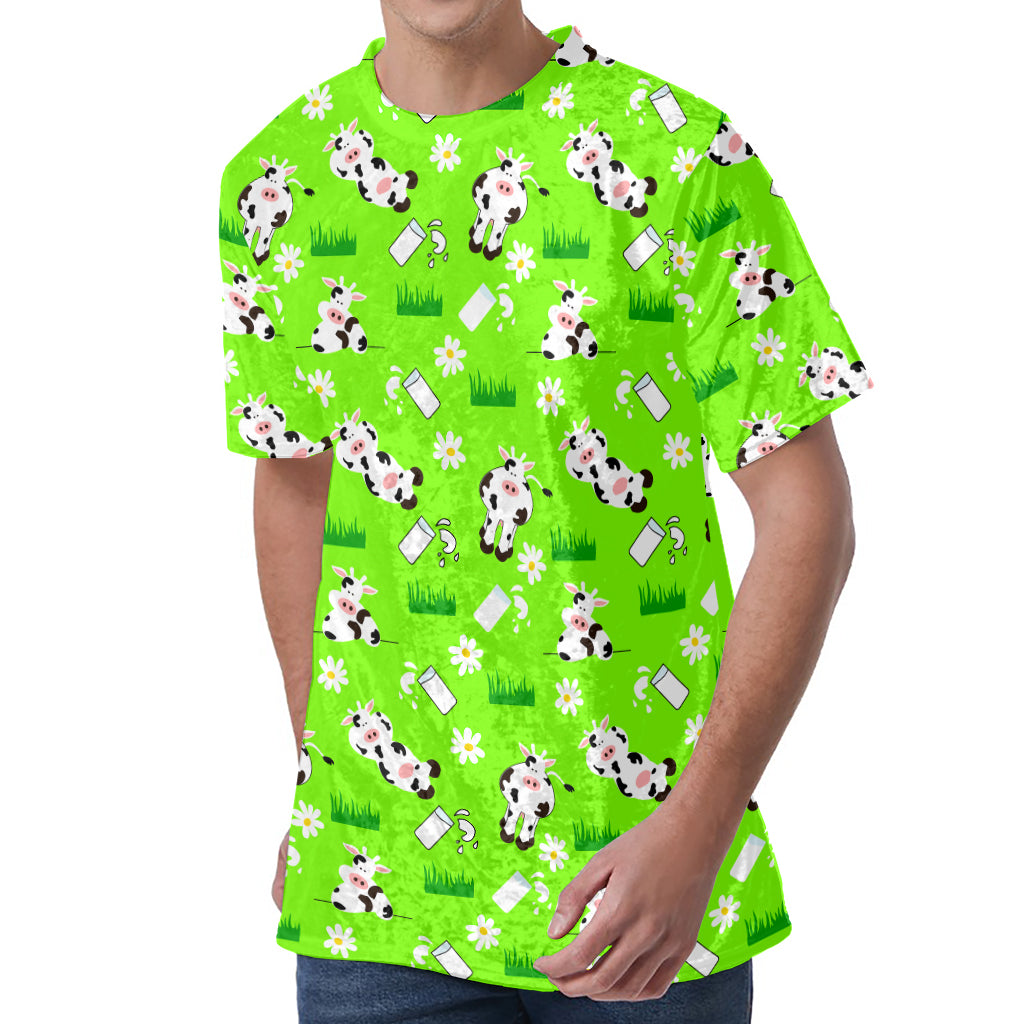 Cartoon Daisy And Cow Pattern Print Men's Velvet T-Shirt
