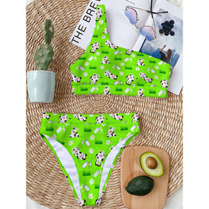 Cartoon Daisy And Cow Pattern Print One Shoulder Bikini Top