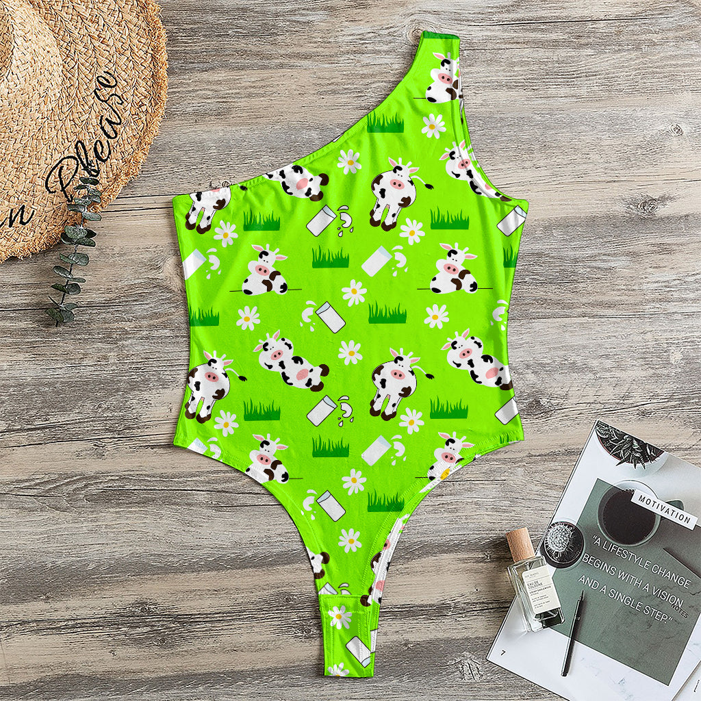 Cartoon Daisy And Cow Pattern Print One Shoulder Bodysuit
