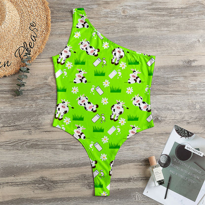 Cartoon Daisy And Cow Pattern Print One Shoulder Bodysuit