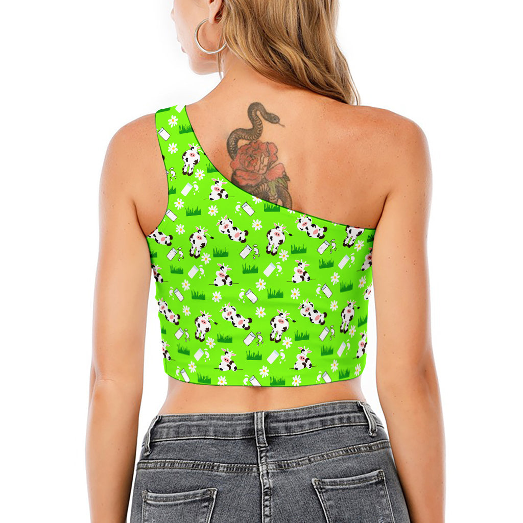 Cartoon Daisy And Cow Pattern Print One Shoulder Crop Top