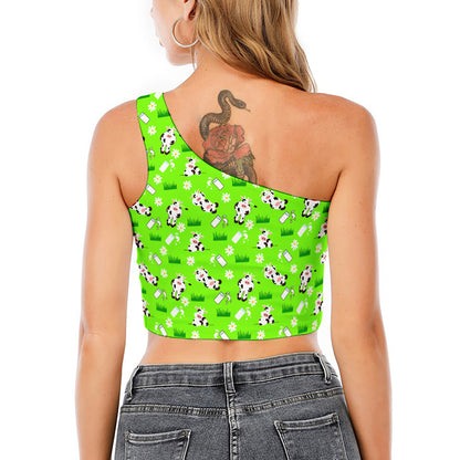 Cartoon Daisy And Cow Pattern Print One Shoulder Crop Top