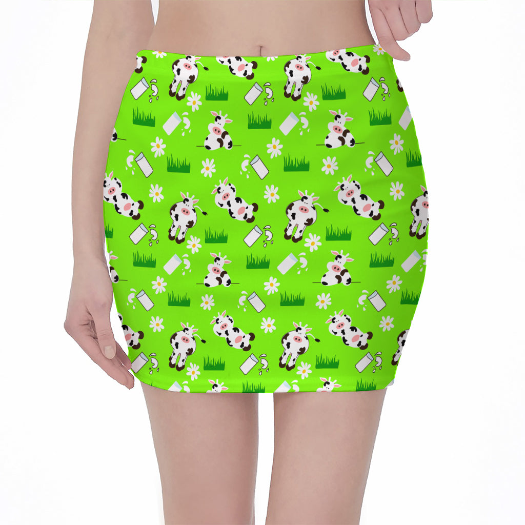 Cartoon Daisy And Cow Pattern Print Pencil Mini Skirt