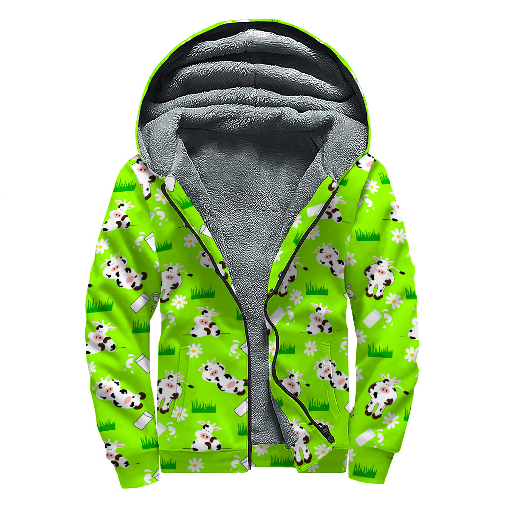 Cartoon Daisy And Cow Pattern Print Sherpa Lined Zip Up Hoodie