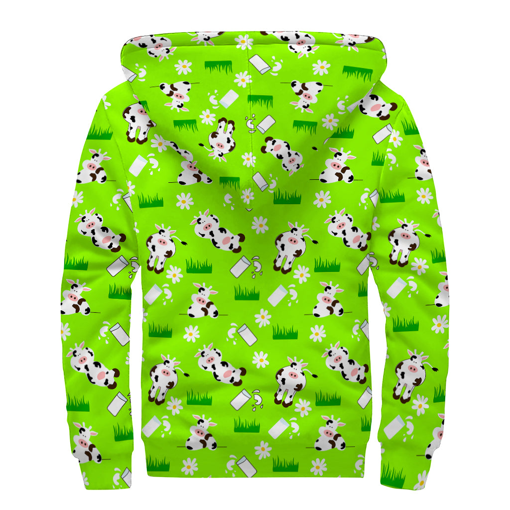 Cartoon Daisy And Cow Pattern Print Sherpa Lined Zip Up Hoodie
