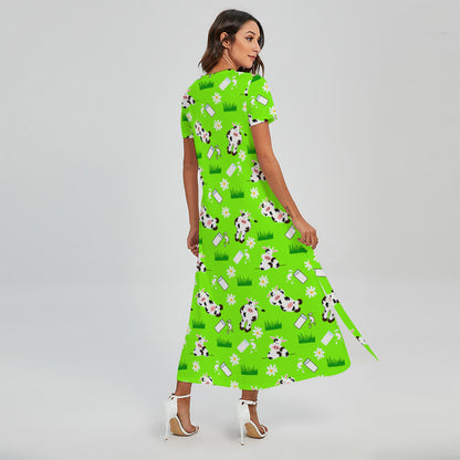 Cartoon Daisy And Cow Pattern Print Short Sleeve Maxi Dress