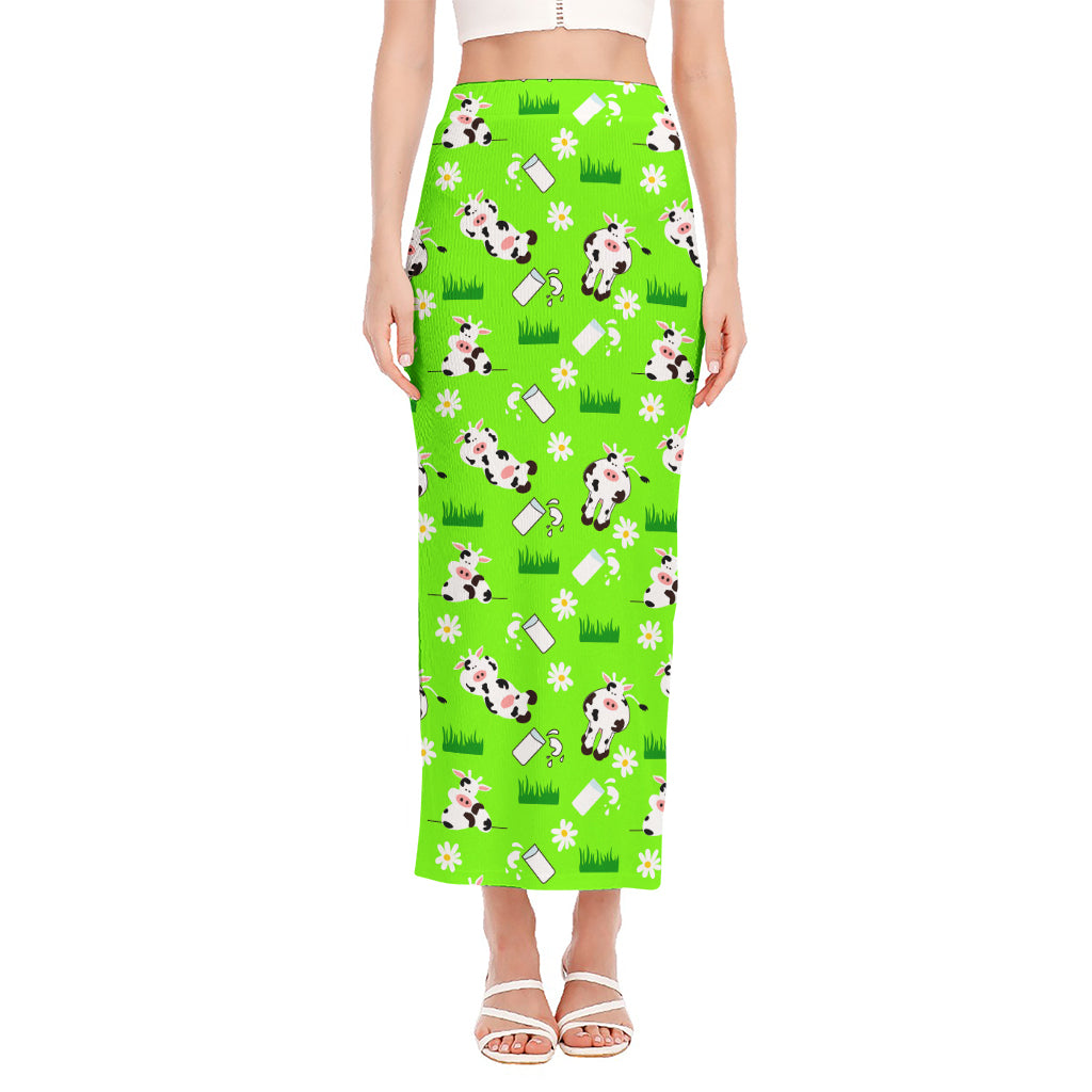 Cartoon Daisy And Cow Pattern Print Side Slit Maxi Skirt