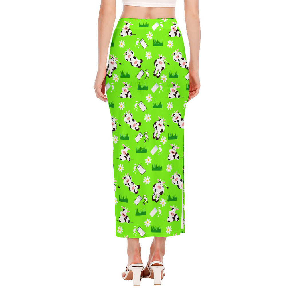 Cartoon Daisy And Cow Pattern Print Side Slit Maxi Skirt