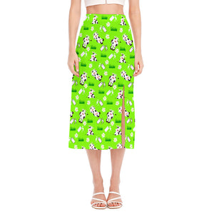 Cartoon Daisy And Cow Pattern Print Side Slit Midi Skirt