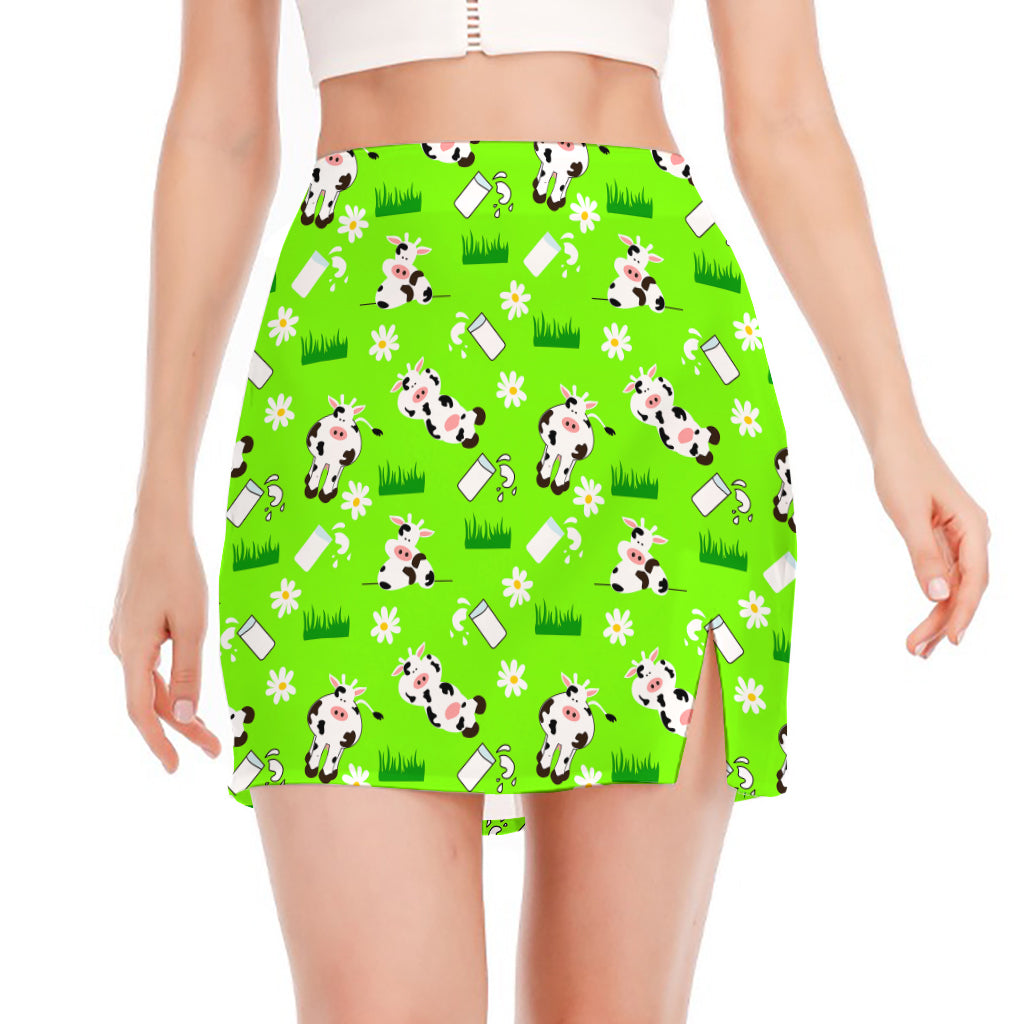 Cartoon Daisy And Cow Pattern Print Side Slit Mini Skirt