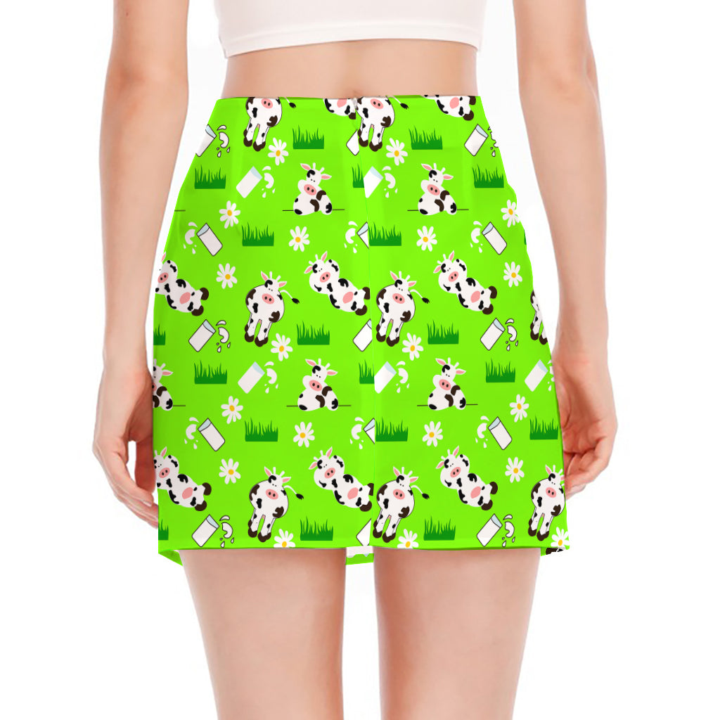 Cartoon Daisy And Cow Pattern Print Side Slit Mini Skirt