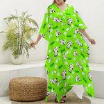 Cartoon Daisy And Cow Pattern Print Silk V-Neck Kaftan Dress