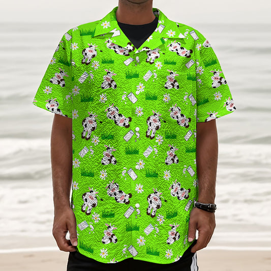 Cartoon Daisy And Cow Pattern Print Textured Short Sleeve Shirt