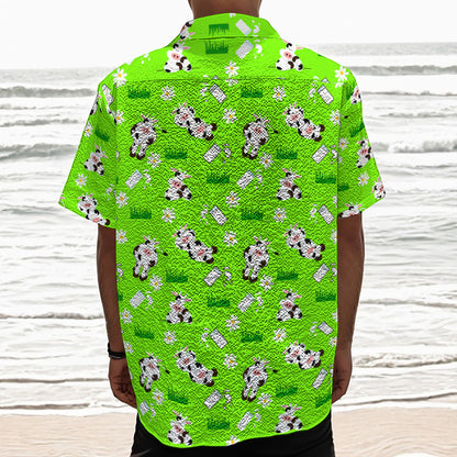 Cartoon Daisy And Cow Pattern Print Textured Short Sleeve Shirt