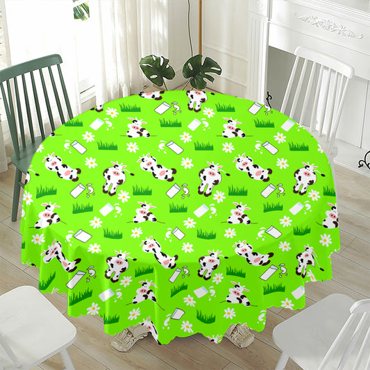 Cartoon Daisy And Cow Pattern Print Waterproof Round Tablecloth