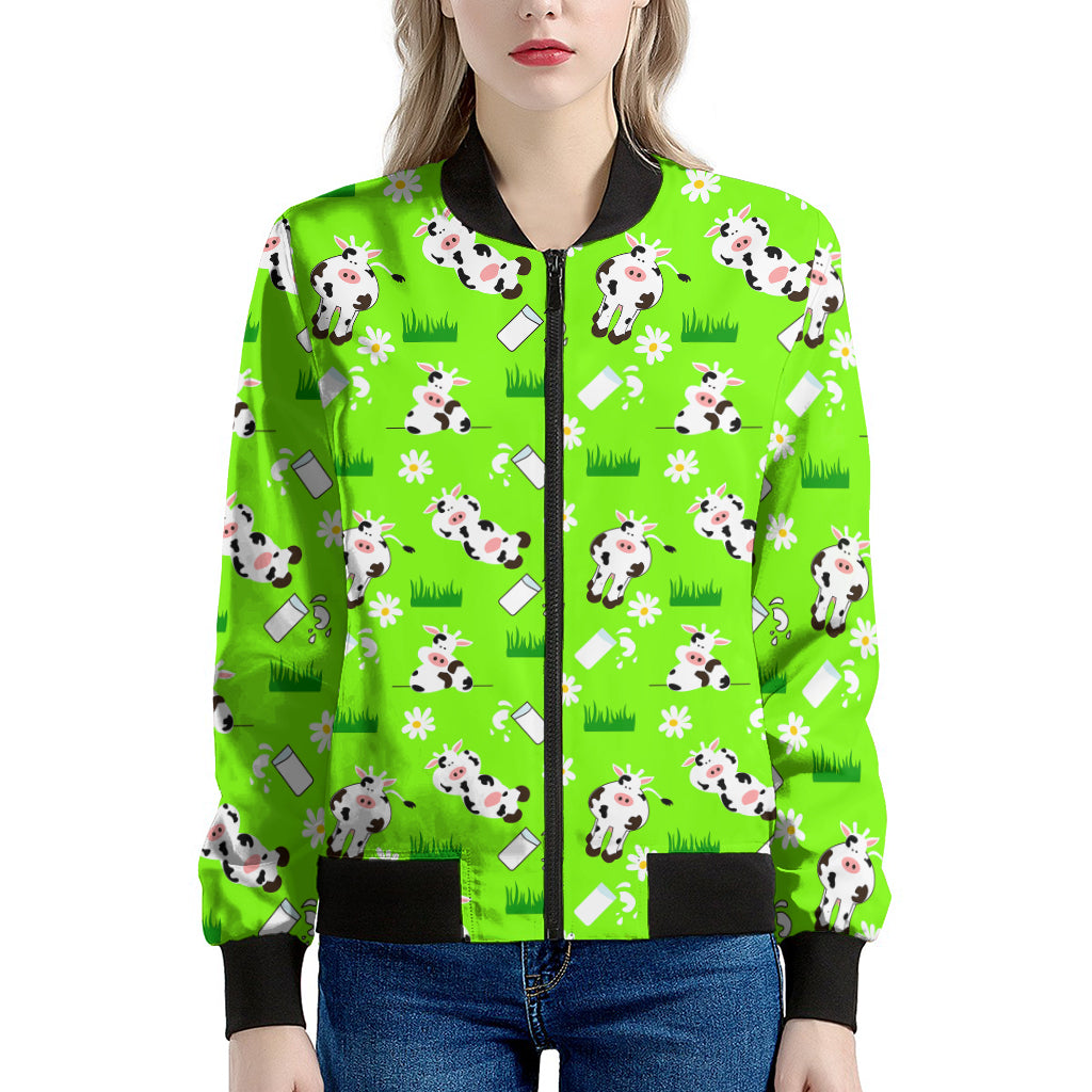 Cartoon Daisy And Cow Pattern Print Women's Bomber Jacket