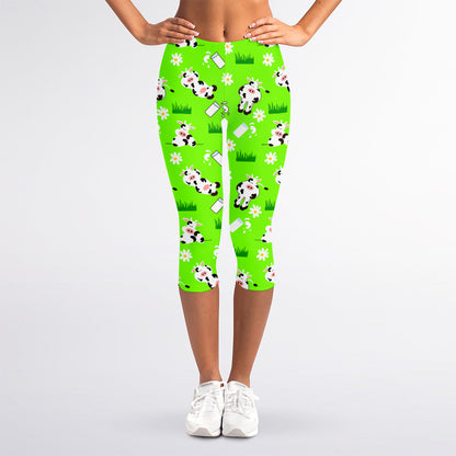 Cartoon Daisy And Cow Pattern Print Women's Capri Leggings