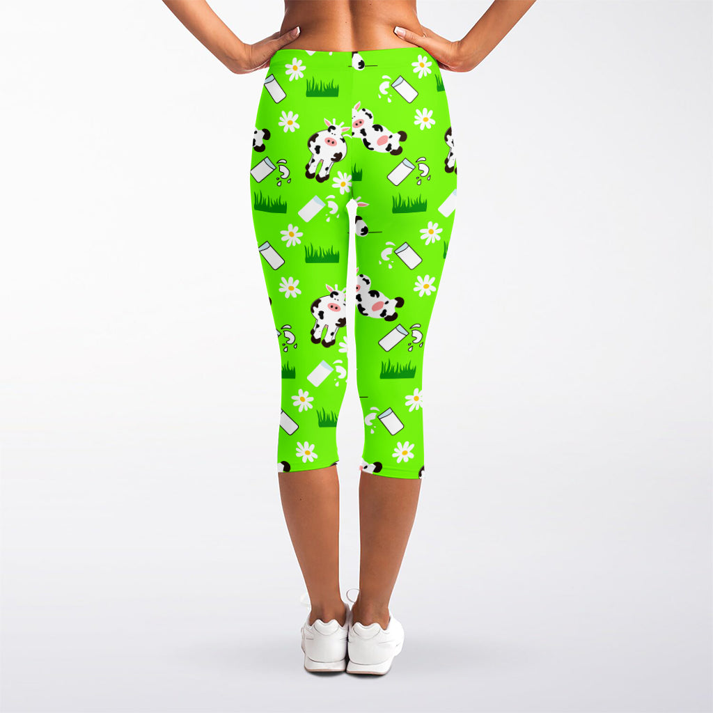 Cartoon Daisy And Cow Pattern Print Women's Capri Leggings