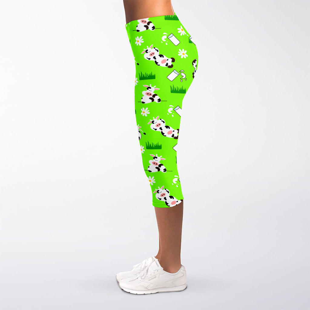 Cartoon Daisy And Cow Pattern Print Women's Capri Leggings