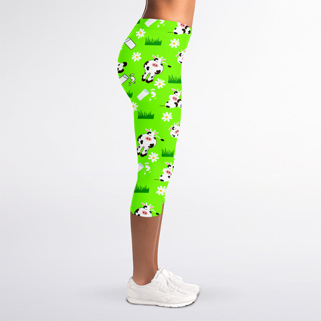Cartoon Daisy And Cow Pattern Print Women's Capri Leggings