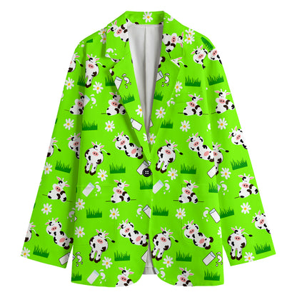 Cartoon Daisy And Cow Pattern Print Women's Cotton Blazer