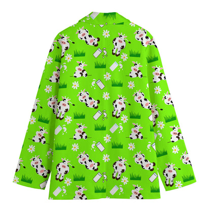 Cartoon Daisy And Cow Pattern Print Women's Cotton Blazer