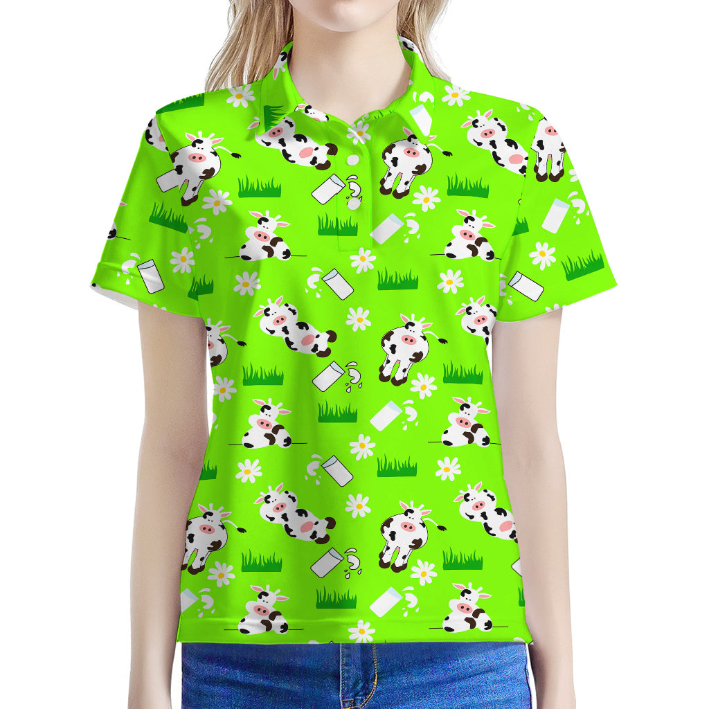 Cartoon Daisy And Cow Pattern Print Women's Polo Shirt