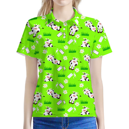 Cartoon Daisy And Cow Pattern Print Women's Polo Shirt