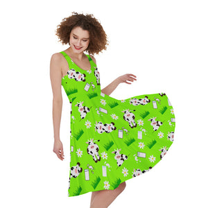 Cartoon Daisy And Cow Pattern Print Women's Sleeveless Dress