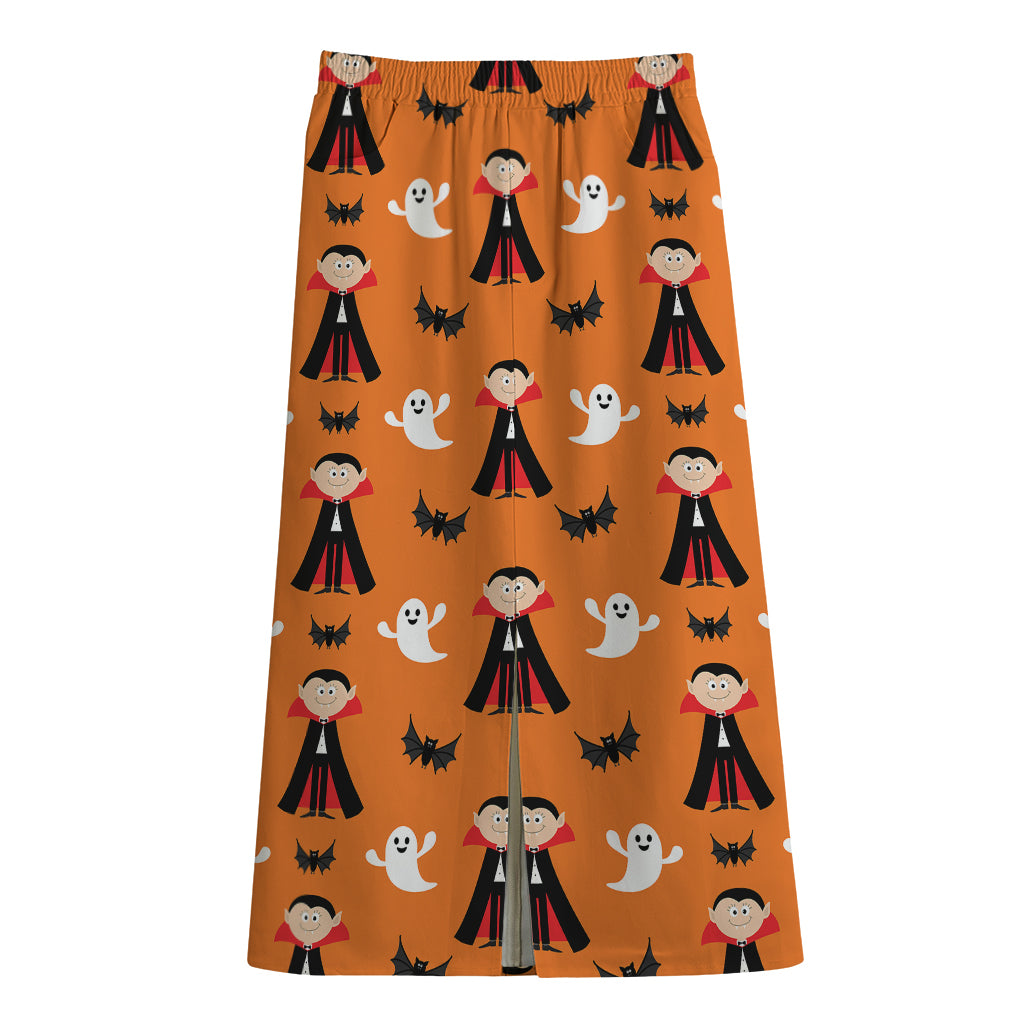 Cartoon Dracula Pattern Print Cotton Front Slit Maxi Skirt