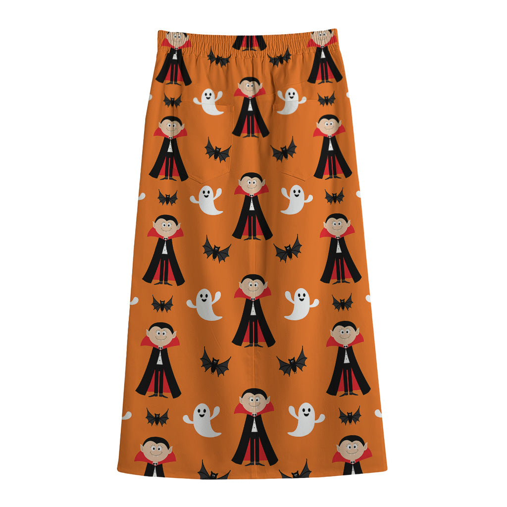 Cartoon Dracula Pattern Print Cotton Front Slit Maxi Skirt