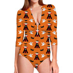 Cartoon Dracula Pattern Print Long Sleeve Swimsuit